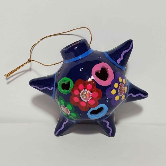 Mexican Folk Art Pottery Ornament Blue Floral - Picture 3 of 4